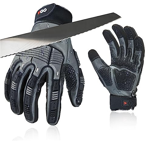 Vgo... 1 Paar Schnittfeste Handschuhe, Sicherheitsleder-Arbeitshandschuhe, Mechaniker-Handschuhe, HPPE Anti-Schnitt-Innenfutter, EN388 Level C, ANSI-Stufe A3(CA7722CT)
