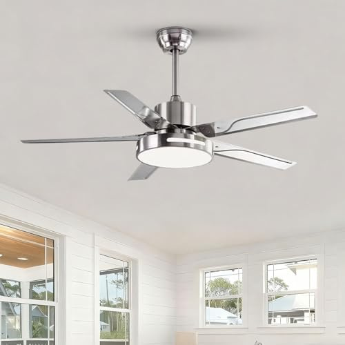 Moddeny Stainless Steel Ceiling Fan With Lights 42 Inch Ceiling Fan With Lights And Remote 3 Speed 3 Color Outdoor Ceiling Fans For Patios With Light Ceiling Fan Propeller 5 Blade