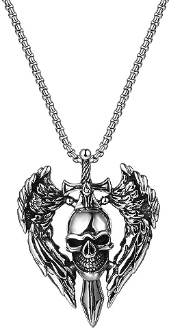 JewelryWe Halskette Herren Totenkopf Herz: Edelstahl Wikinger Schädel Herz Schwert Engelsflügel Anhänger mit Panzerkette Mjolnir Kette für Männer Silber