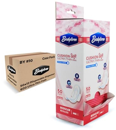 Bodyform Ultra Thin Sanitary Pads in Easy Disposable Dispenser, Ready to use Dispenser Bulk Buy Case Pack of 600 Counts (12 Packs of 50 Count)