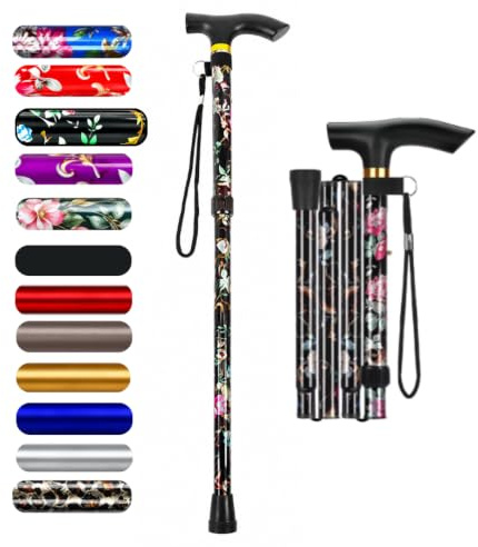 Hataf Adjustable Walking Stick 85cm-95cm, Folding Walking Sticks for Women/Ladies, also for Men, Mobility Aids, Walking Sticks with Rubber Ends (Black Flowers)
