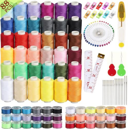 FLYSAVVY Nähgarn, Nähgarn für Nähmaschin 88-teilig Nähgarn Set 500 Yard Faden Nähmaschinengarn Polyester Overlock Garn für Hand & Nähmaschine, 36 Farben