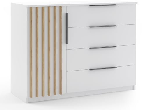 BM-Möbel Kommode mit Lamellen Kair - Moderne Kommode Minimalistisch, Loft-Stil - 120x48x89 cm - Gehäuse Weiß, Fronten Weiß, Lamellen Craft Gold