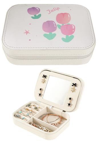 KMQRDZi Schmuckkästchen mit Spiegel,Tragbar,Vintage und Zart, Armband Ohrringe Halskette Schmuck Aufbewahrungsbox Reisen,PU-Leder,Schmuckkästchen mit großem Fassungsvermögen,Jewelry Box (Tulpe)