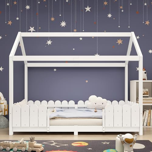 Soweiz Hausbett 90x200cm Vielseitiges Holz Kinderbett für Jungen & Mädchen-Mit Rausfallschutz und Lattenrost (Ohne Matratze) (Weiß)