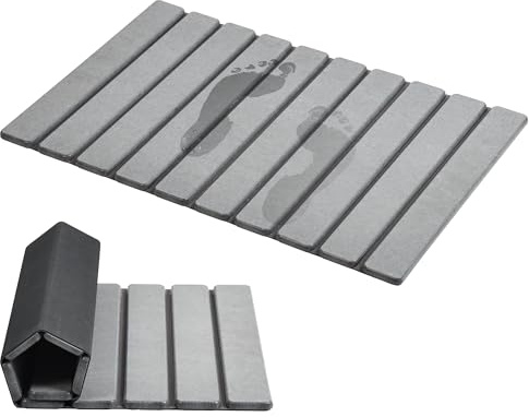 AWW Foldable Stone Bath Mat, Quick Dry Diatomaceous Earth Bath Mat with Non-Slip Mat, Super Absorbent, Easy to Clean, Compact for Small Bathrooms, 23.6 x 15.5, Grey