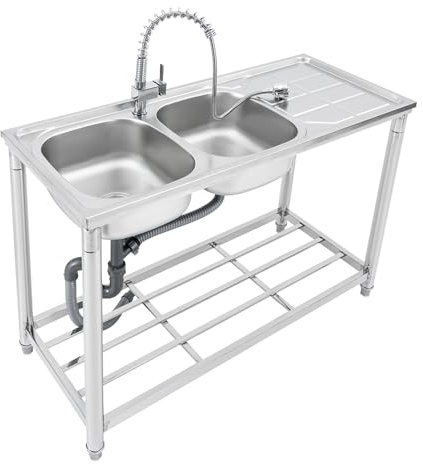 BJTDLLX Évier de cuisine en acier inoxydable - Évier d'extérieur - Lavabo autonome - 2 bacs - Évier commercial avec meuble bas et robinet - Capacité de charge : 220,46 kg
