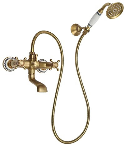 Mischbatterie Badewanne Retro Antik Messing Badarmatur Wasserhahn Wandmontage Dusche Armatur Badewanne Duscharmatur Badewannenarmatur Mit Handbrause & Kreuzgriff
