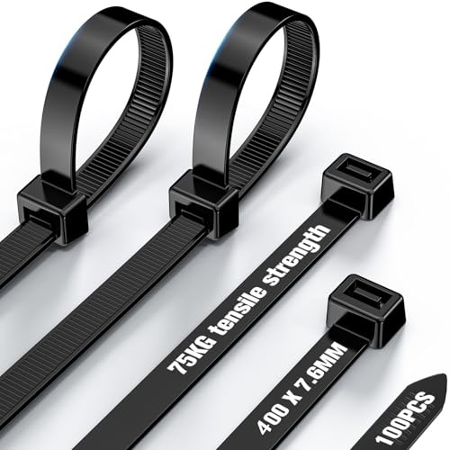 NORSHY Kabelbinder Schwarz 400 mm x 7,6 mm, Cable Ties UV-Beständig 75KG Ultra Stark, Hitzebeständige Zip Ties 100 Stück für Kabelmanagement, Gartenarbeit, Werkstätten