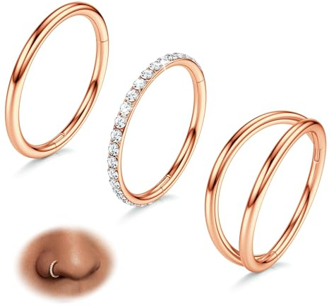 3 Stk 316L Edelstahl 16/18/20G CZ Nasenpiercing Ring Nasenring Schmuck | 14K Vergoldete Reifen Hypoallergen für Frauen und Männer, Septum Helix Conch Tragus Daith, Schwarz, Rosegold, 7/8/9/10mm