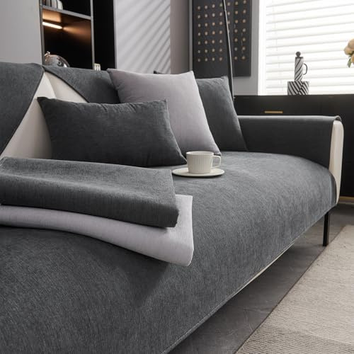 CJJZFO Sofa Überzug Rutschfest Chenille Sofabezug, Dunkelgrau, 70x150cm | Hund Katze Sofaüberwurf Maschinenwäsche Sofaschoner Weich Vintage Couch Cover für 1 2 3 4 Sitzer U-Form L-Form Ecksofa
