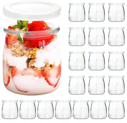 WELTOKE 200 ml Joghurtgläser mit Deckel (20 Stück) - Dessertgläser mit Deckel, Glasbehälter mit Deckels für Pudding, Marmelade, Honig, Desserts, Kerzen - Spülmaschinen-, Gefrierschrank,BPA-Frei