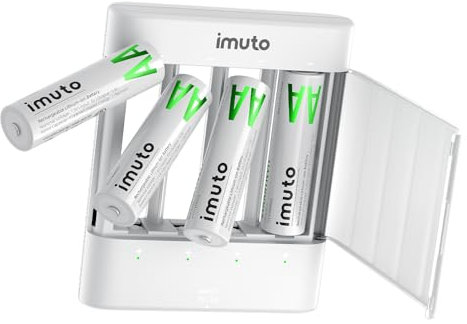 imuto 1.5V AA Batterie ricaricabili LiFePO4 (4 pezzi) con caricabatterie rapido, 2000mwh ad alta capacità e 1.5V a tensione costante doppio A Pile Ricaricabili, oltre 1600 cicli Batteria AA LiFePO4