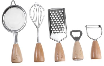 OFFSCH 5pièces Ustensiles Cuisine INOX Manche Bois Lot Éplucheurs Ouvre-Bouteilles Fournitures Maison Argent