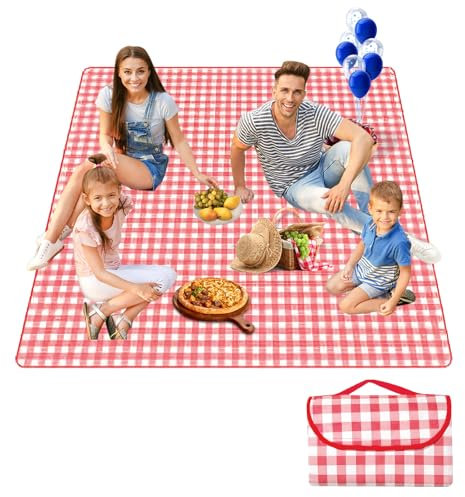300 cm x 200 cm, wasserdichte Picknickdecke, Campingmatte, tragbare Strandmatte, faltbar, Picknickdecke mit Griffen für Camping, Reisen, Parks, Strand, Rasen (rot)