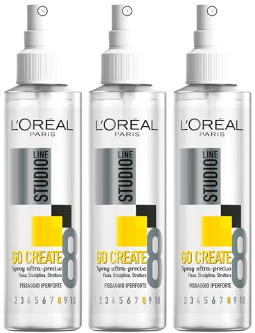 L'Oréal Paris Haarfixierspray Studio Line Go Create, ultrakräftige Befestigung, 8 Disziplin für Haarstruktur, 3 Flaschen à 150 ml