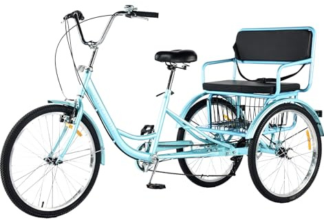 DONGSHAN Adult Tricycle 7 Speed 24 Inch 3 Wheel Bikes with Child seat/Rear Baskets for Women/Men/Seniors Picnic Exercise Shopping, Trike for Adults 550lb (Blue, Tricycle)