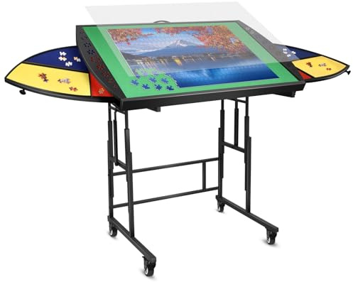 Xubialo Jigsaw Puzzle Table with 6 Drawers,Metal Tilting Puzzle Board with Legs 4 Wheels and 4 Tilt Angle /10 Height Adjustment, 1500 Pieces Puzzles Table with Cover for Adult Puzzles Lover