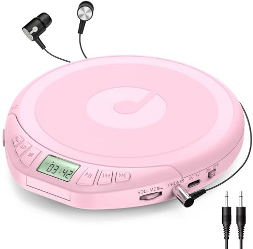 Gueray Lecteur CD Portable avec Casque Écran LCD Protection Anti-Saut Lecture HiFi Classique Fonction Mémoire Prog Lecteur CD Personnel pour Voiture Maison (Rose)