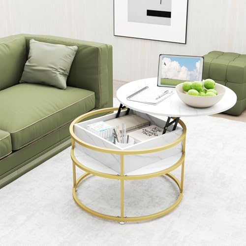 GOPLUS Table Basse Ronde Relevable, Table de Salon Marbre Imité avec Plateau Relevable, Espace Caché, 4 étagères Latérales, Pieds Réglables, 2 Niveaux avec Effet Marbre, pour Maison Bureau, Doré