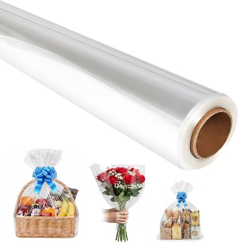 CHEPULA Geschenkfolie Transparent, 43cm x 30m Klare Cellophanfolie Rolle, 30um Dicke Geschenkpapier Durchsichtige Folie für Blumen, Geschenkkörbe, Hochzeit, Süßigkeiten Verpackung, Weihnachten