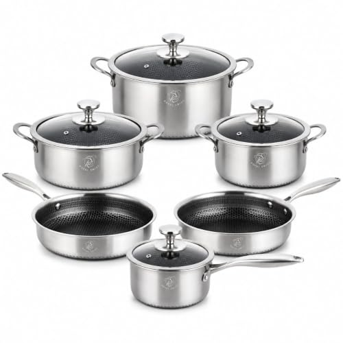 Royal Swiss® Pentole in acciaio inox, 12 pezzi, rivestimento a nido d'ape, senza PFAS, adatti a induzione e tutti i piani cottura (12, set di pentole