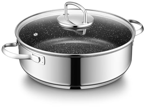 BEZIA Schmorpfanne 28 cm hoher Rand, 5,2L Schmortopf mit Deckel, Edelstahl 18/10 Antihaftbeschichtung, Nietfrei Reinigbar, Pfanne für alle Herdarten, Servierpfanne geschmackserhaltend, Backofenfest