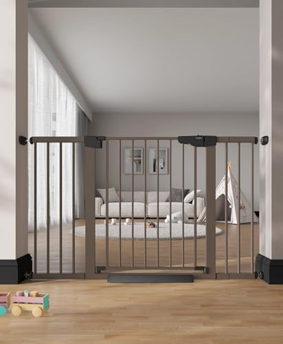Cumbor 29.7–51.5 Extra Wide Baby Gate for Stairs, Pressure-Mounted Dog Gates for Doorways & Hallways, Auto-Close Walk-Through, No-Trip Design, Child Proof Safety, Dog/Pet Gate for Indoor Use, Brown