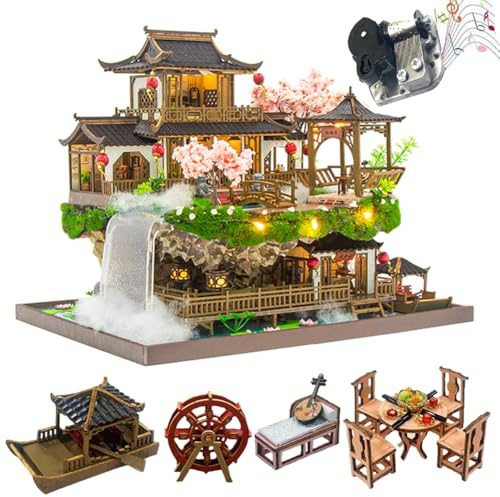 TOPBSFARNY Kit maison de poupée miniature à monter soi-même à l'échelle 1:24 de style chinois maison de poupée maison de campagne pays des merveilles ancienne villa faite à la main modèle maison