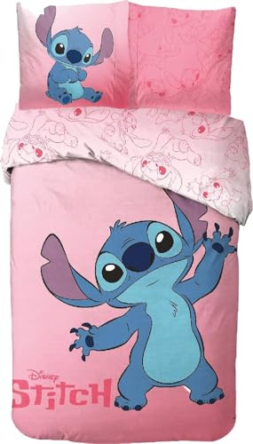 Parure de Lit Stitch pour Enfant, Housse de Couette Disney Réversible 140x200 cm, Taie d'oreiller 63x63 cm, 100% Coton (Parure de lit Stitch - A)