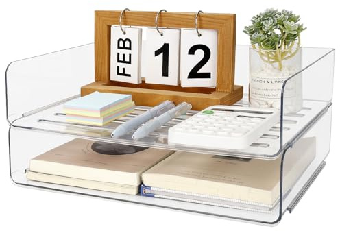 Otauoaea 2 Bandejas Oficina Apilables, Transparente Plastico Pet Organizador Escritorio, Bandeja Escritorio, Bandeja Portadocumentos A4, Organizador para Papeles, Documentos, Folios, Material Oficina