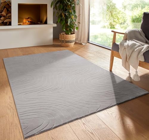Kurzflor Boho Vintage Teppich waschbar, pflegeleicht geeignet für Wohnzimmer, Schlafzimmer und Kinderzimmer Kinderteppich auch als Badematte Badzimmerteppich Grau abstrakte Wellen 160x230 cm