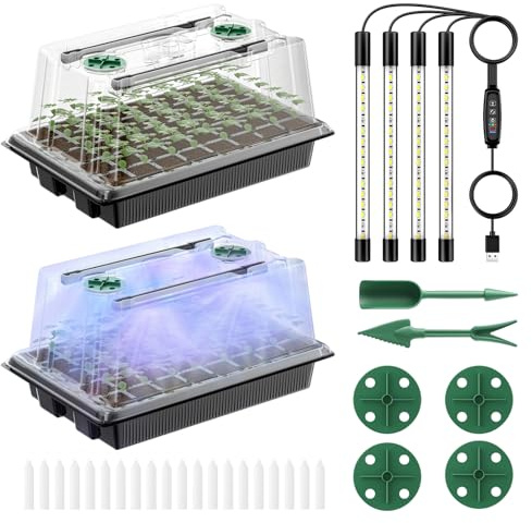 Pawfly Bandejas Germinación Semillas 2 Unidades 80 Celdas Kit Inicio con Barras Luz Ajustable y Cúpulas Humedad 9 cm Bandejas con Taponas Reutilizables para Germinación Plantas