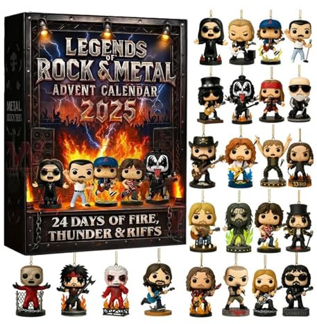 Legends of Rock & Metal Calendario de Adviento 2025 – Calendario de cuenta atrás de 24 días con icónicos personajes de música 2D coleccionables, adecuado para Halloween y Navidad, regalos para fans