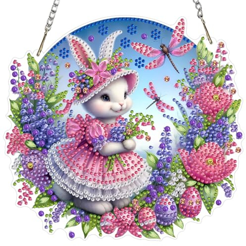 AIRDEA DIY Easter Bunny Diamond Art Ornament Kit for Adults, Double-Sided Flower Bouquet Diamond Painting Hanging Kit, DIY Acrylic Special Shaped Drills Hanging Suncatcher