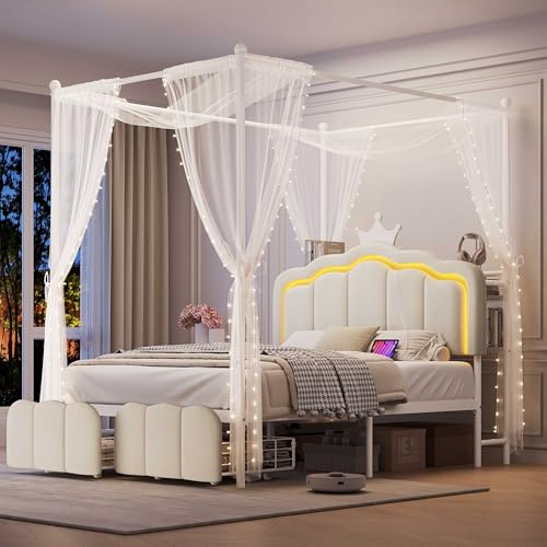 Full Velvet Upholstered LED Canopy Bed Frame with 2 Storage Drawers and Charging Station, Crown Headboard with Bookshelf, Two-Use Princess Platform Bed with 4 Removable Posts,Metal Slats Support-Beige