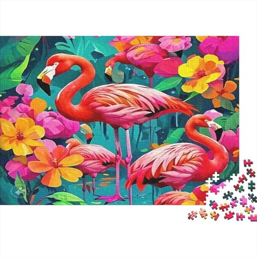Puzzle da 1000 pezzi Fenicotteri colorati in un prato fiorito per adulti, attività divertente per i giorni di pioggia, 52x38 cm/1000 pezzi