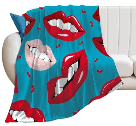 Coperta morbida e calda in flanella, con stampa di labbra, per letto e sedie, 100 x 130 cm