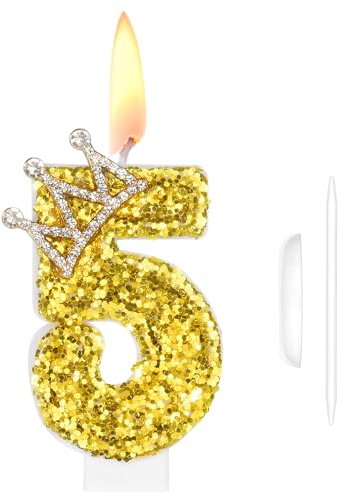HOTUT Velas Cumpleaños Oro Número 5, Velas de Corona para Tartas | Número 5, Decoración de Pastel de 5 Cumpleaños para Niñas, Fiestas, Aniversarios