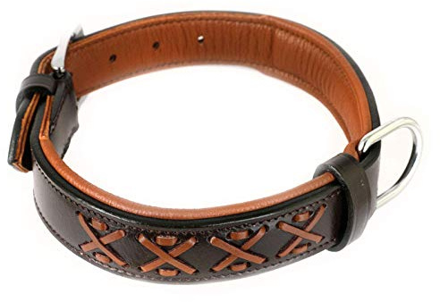 MONKIMAU Halsband für Hunde aus echt Leder mit Zierflechtung gepolstert verstellbar L 40-48 cm