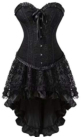 jutrisujo Corset Dress Bustiers Gothic with Skirt Set lace up Burlesque Flower Black M
