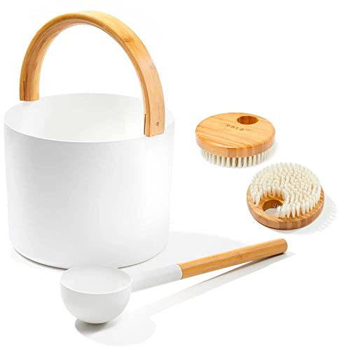 SET> KOLO Sauna Kübel 2 + Kelle + 2x Bürste/Saunaset/Saunaeimer und Kelle in Weiß