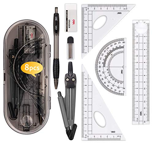 8 pièces Kit de Geometrie, Compas Scolaire Ensemble Outil de Géométrie Comprenant Regle Equerre Rapporteur Porte-mines Recharges Gomme, Dessiner avec un Compas Enfant Boite de Compas Ecole Fournitures