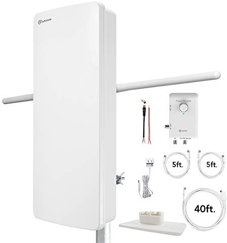 ANTOP HDTV ＆ FM Amplified Antenna Outdoor Indoor 85 Miles AT-800SBS Antenna with Dual Outputs Smart Boost System, Support TV and Second Device-FM Stereo, a Second TV or Any OTA-Ready Streaming Device