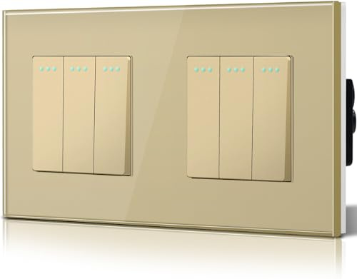 BSEED Double Interrupteur va et vient, Interrupteur à Bascule, Verre Interrupteur Encastrable Bascule,10A 250V Plaque De Cristal Trempé, 157 x 86 mm, 3 Gang 2 Voie Or