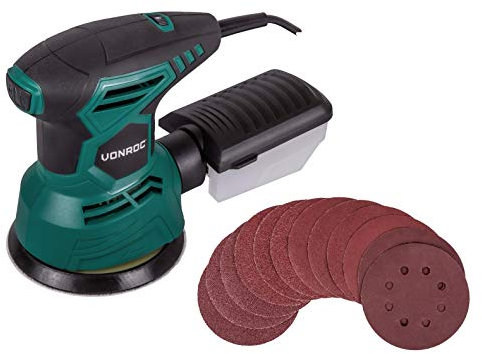 VONROC Ponceuse Orbitale 300W – Ø 125mm - Double Action, Mouvements Excentriques - Boîte à Poussière et 12 Feuilles Abrasives - Idéal pour Poncage Grossier, Surfaces Rondes et Courbes - Long Câble 3M