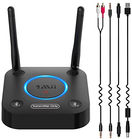 1Mii Transmisor Bluetooth 5.3 para TV a 2 Auriculares Bluetooth, Adaptador Audio TV con Control de Volumen, Entrada Óptica, Coaxial, Aux/RCA, aptX Baja Latencia, Largo Alcance