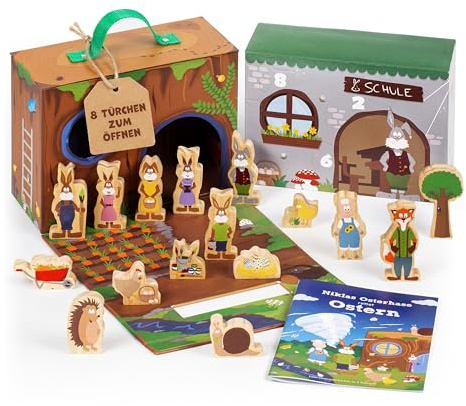 yoamo Osterkalender Kinder Holz mit Spielkoffer, 16 Holzfiguren, Ostergeschenk für Kinder, inkl Ostergeschichte zum Vorlesen, Spielset mehrfarbig