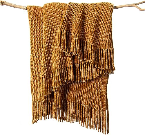 lifein Überwurfdecke für Sofa, weicher Bettüberwurf im Boho-Stil, zur Dekoration im Landhaus, gemütlich, gestrickt, klein, aus Chenille, Leichter Überwurf für Frühling, Goldfarben, 127 x 152,4 cm