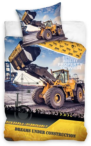 termana Bagger Bettwäsche Bettbezug 135x200 80x80 Baumwolle · Kinder-Bettwäsche Baustelle für Mädchen und Jungen · 2 teilig · 1 Kissenbezug 80x80 + 1 Bettbezug 135x200 cm Jungenbettwäsche